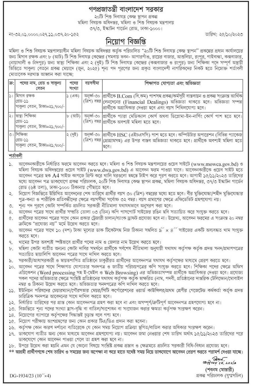 মহিলা বিষয়ক অধিদপ্তর নিয়োগ বিজ্ঞপ্তি ২০২৩ 1 1